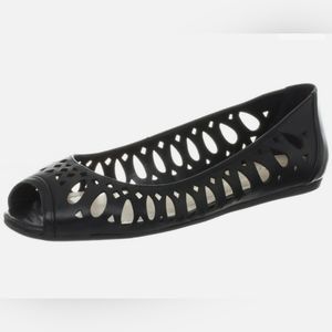 BCBGeneration Abygal Black Leather Peep Toe Flat Sandal